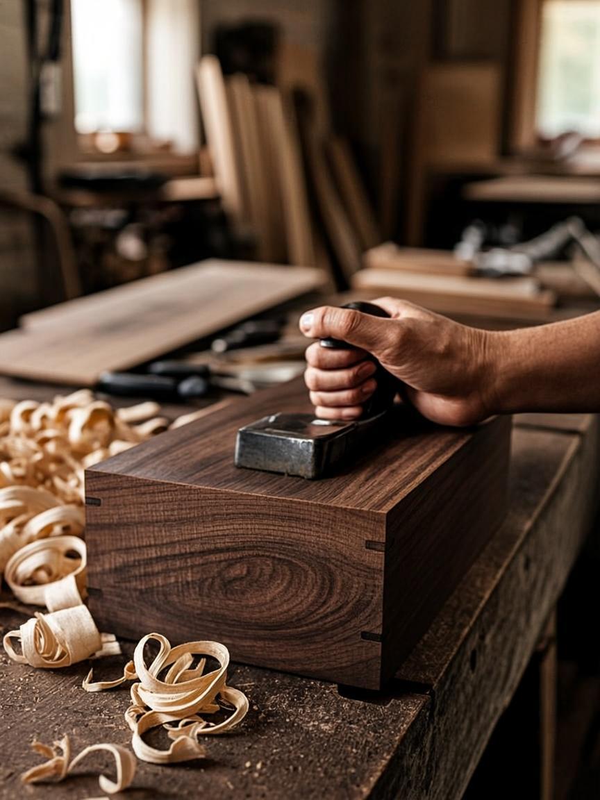 Concept visual: a craftsman's hands joining walnut boards in a workshop