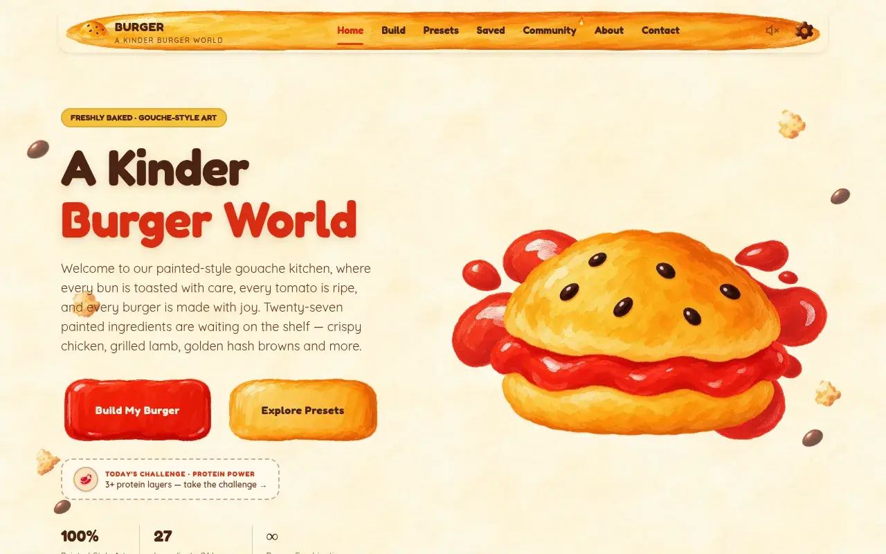 BURGER demo — interactive burger builder with a custom painted visual system